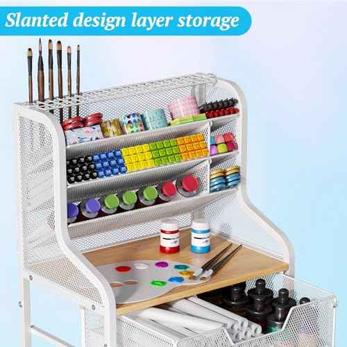 Small Rolling Craft Cart with Drawer, White Utility Art Cart, Metal Storage Cart with Lockable Wheels, 6 Tiers Paint Organizer for Art Supplies, Store for Brushes Paints Artifacts Small Parts
