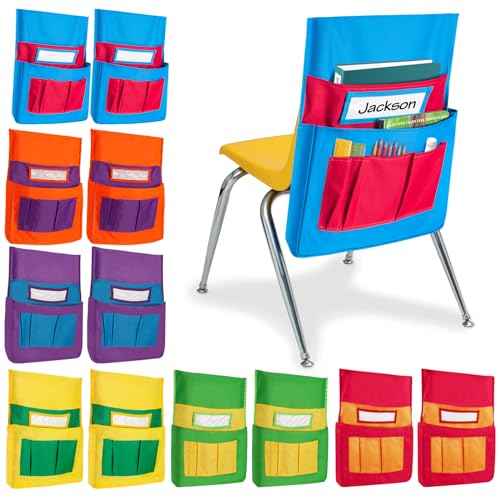 12 PCS Chair Pocket for Classroom, Chair Organizer, Student Chair back Buddy Pocket Chart, with 6 Storage Pockets and One Name Tag, Seat Storage Sack 15" W x 19" H, 6 Bright Colors