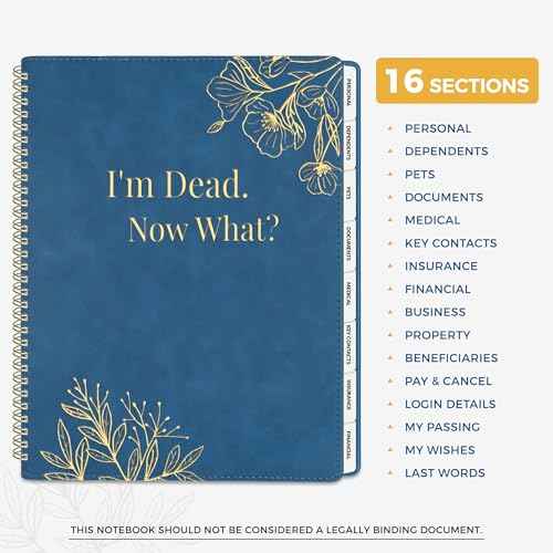SUNEE End of Life Planner - I'm Dead Now What Planner for Seniors & Family Legacy, Large Print Spiral-Bound Estate Planning Organizer with Tabs - Final Wishes, Passwords & Funeral Planning, A4, Blue