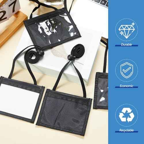 Tenceur 20 Pcs 4 x 3'' Neck Badge Holder with Adjustable Lanyard and Clear Window Polyester Name Badge Organizer with 3 Pockets Horizontal Zipper Pouch Vaccination Card Protector, Black