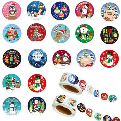 1000 Pcs Christmas Stickers Roll - 1 Inch Self Adhesive Envelope & Round Stickers for Xmas Party Supplies, Holiday Greetings