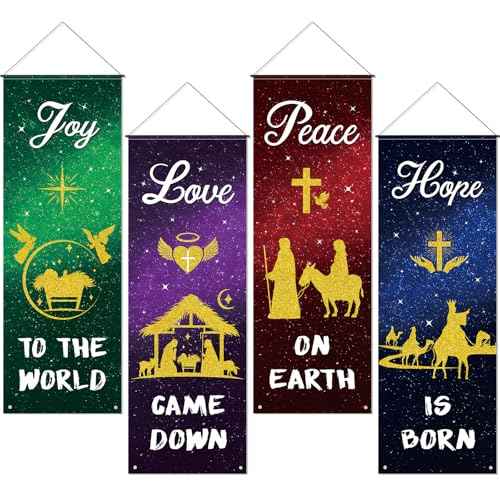 4 Pcs Church Banners, 2 x 6 Feet Nativity Scene Church Banners For Sanctuary Wall Christmas with Scripture Christian Hanging Signs for Holiday Nativity Decor
