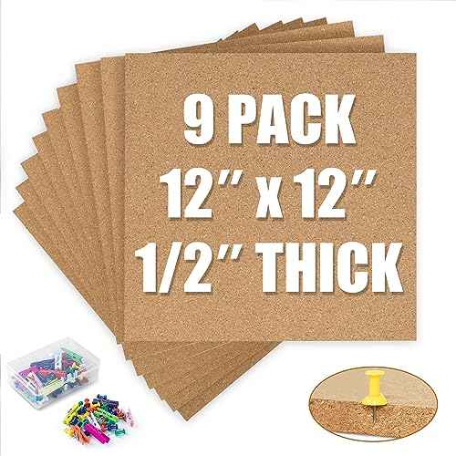 AKTOP Cork Board Bulletin Board 12x12, 1/2" Thick Cork Board Tiles 9 Pack, Small Square Pin Board for Wall, Self Adhesive Corkboards with 120 Push Pin Wood Clips for School, Home & Office