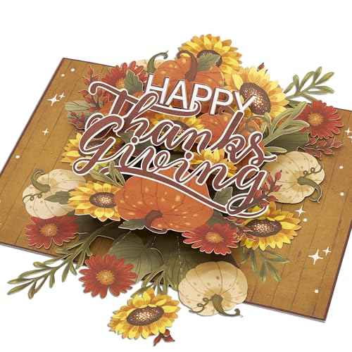 Happy Thanksgiving Pop Up Card, Pumpkin, Flowers, Thanks Giving, 3D Popup Greeting Cards, Gifts for Mom, Grandma, Girl, Women, Table Decorations, 5x7 - Includes Envelope And Message Note