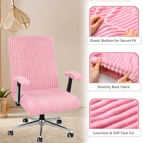 Tegeme Pink Faux Fur Office Chair Cover Set with Armrest Pads (4-Piece)