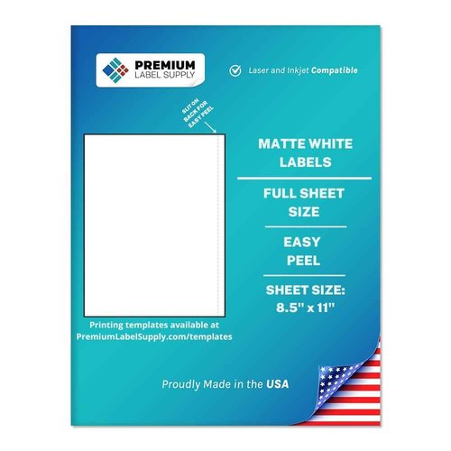 Premium Label Supply White Sticker Full Sheet Shipping Labels – 8.5" x 11" – Laser/Inkjet Compatible – (1 per Sheet), 500 Sheets - Letter Size
