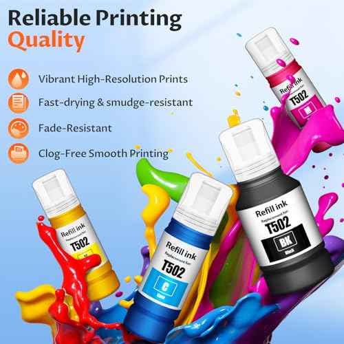 502 Ink Refill Bottles for 502 Ink for ET 2850 ET 3850 ET 4850 ET15000 ET-4760 ET-2700 2980 ET-7700 ST-2000 3000 4000 ST-C2100 4100 Printer, 4 Pack(1BK+1C+1M+1Y)