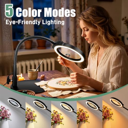 Haotor Black 30X 10X Large Magnifying Glass with Light & Stand, 5-Inch HD Lens, Dimmable LED Desk Lamp