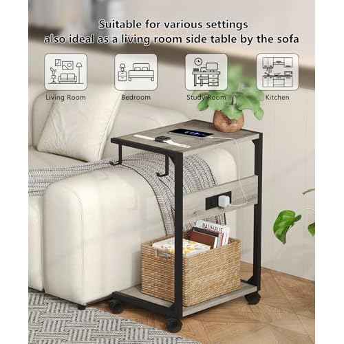 2 Tier Computer Tower Stand with Charging Station, 11.8"D x 16.5"W Rolling Floor PC Tower Stand Fits Under Desk, CPU Holder Cart for Carpet with Hooks, C Shaped End Table for Home Office