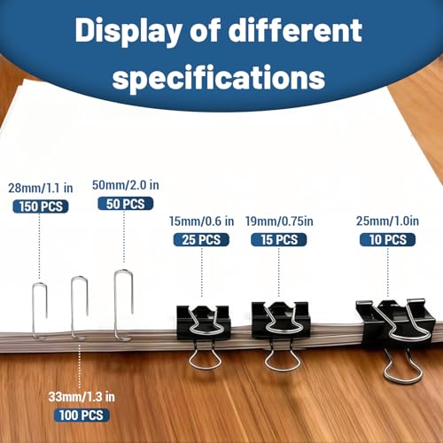 DENGXINWEI 350 Pcs Paper Clips & Binder Clips Set, Black - Assorted Sizes