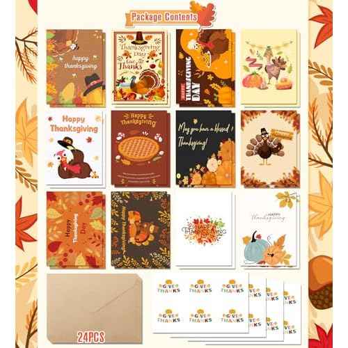 Thanksgiving Cards with Envelopes- 24PCS Thanksgiving Crafts- Thanksgiving Gifts for Family- Thanksgiving Friendsgiving Party Favor for Kids Adults for Fall Autumn Holiday Parties Celebrations Harvest