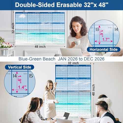 32" x 48" 2026 Wall Calendar Dry Erase - Large Beach Wall Calendar Wet & Dry Erasable Laminated 12 Month Annual Yearly Planner, Reversible, Horizontal/Vertical, Blue