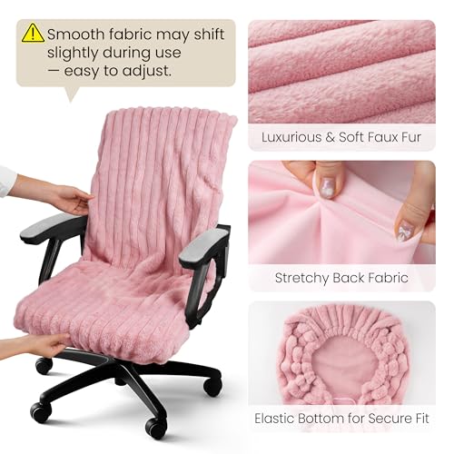 AELS Pink Faux Fur Striped Office Chair Cover with Tie Straps – Fits Most Desk Chairs