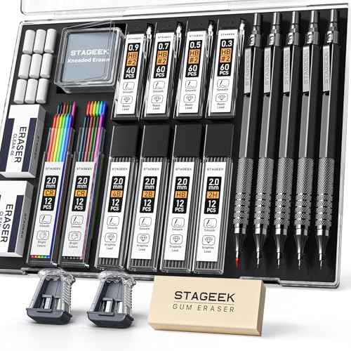 21PCS Metal Mechanical Pencil Set, Art Lead Pencil 0.3, 0.5, 0.7, 0.9, 2mm Holder(HB 2H 2B 4B Color) with 10 Tubes Graphite Lead Refills Eraser with Case for Drafting Drawing Sketching