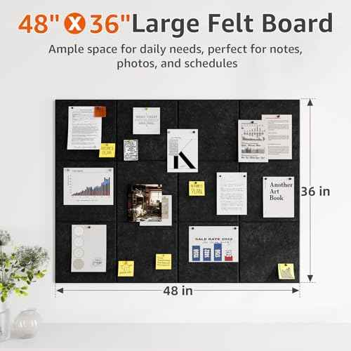 Felt Cork Board for Wall: Extra Large Bulletin Board for Office - 0.35 Inch Thick Corkboard Tiles 12PCS Black Pin Board Squares Adhesive