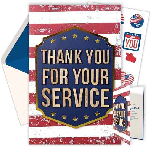 Decorably Gold-Foiled 5x7in Handmade Individual Thank You for Your Service Cards For Veterans with Wooden Letters on Die-Cut Badge, Military Retirement Card with Envelopes, Stickers & Printed Message