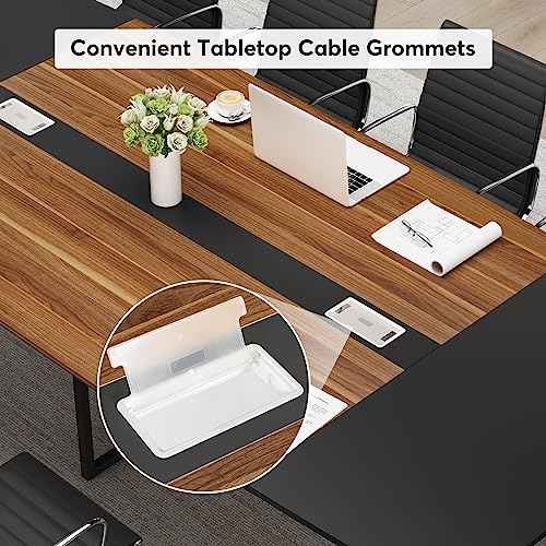 Tribesigns 8FT Conference Table, 94.48L x 47.24W x 29.52H Inches Boat Shaped Meeting Table with Rectangle Grommet, Modern Seminar Boardroom Table for Office Conference Room (8ft, Walnut & Black)
