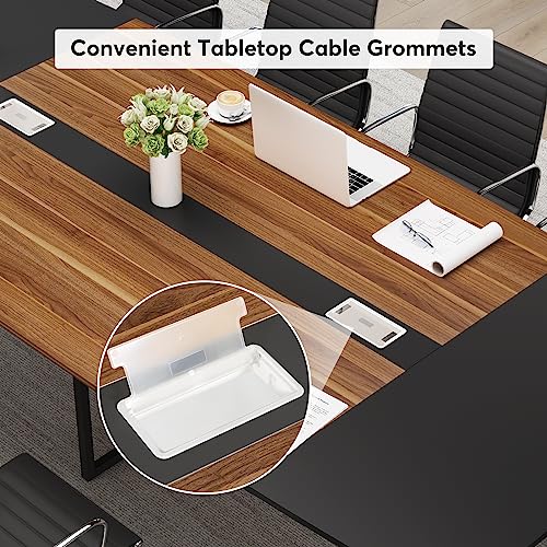 8ft Conference Table Walnut & Black Boat-Shaped Meeting Table with Grommet - Modern Office Furniture