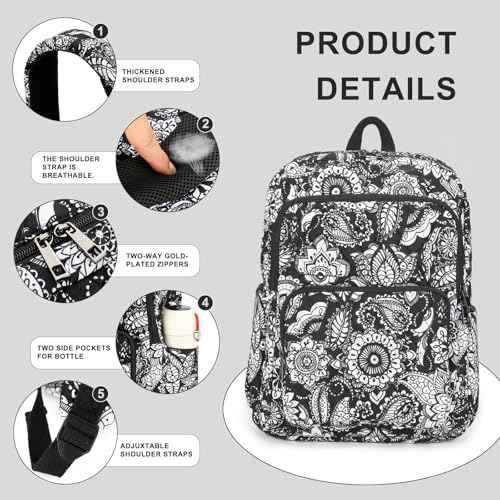 Searock Quilted Backpack for Women, Floral Backpack for School Girls, Cotton Lightweight Bookbag for Travel, Work Black