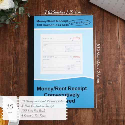 Crtiin 10 Sets Money and Rent Receipt Book 3 Part Carbonless, 7-5/8" x 10-7/8" Bound Cover, Receipt Log Book 100 Sets Per Book 4 Receipts Per Page