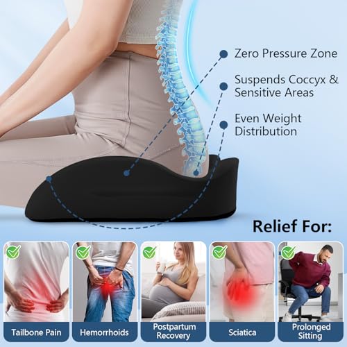 Large Donut Seat Cushion for Office Chair with Supportive Memory Foam, Pressure Relief Chair Pad with Long Center Hole for Tailbone, Hemorrhoid, Sciatica, Postpartum Recovery, Car & Home Use