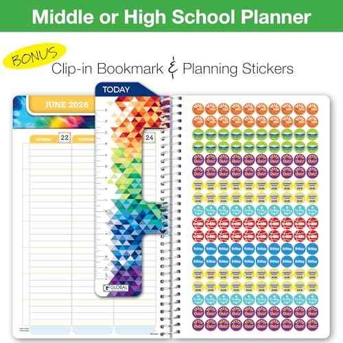 Global Datebooks Dated Middle School or High School Student Planner for Academic Year 2025-2026 Includes Ruler/Bookmark and Planning Stickers (Matrix Style - 5.5"x8.5" - Triple Stripe)