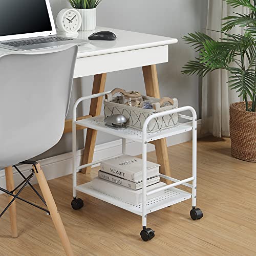 SunnyPoint 2-Tier Metal Rolling Utility Cart ? Mobile Storage Shelf with Caster Wheels ? Small Space Organizer for Home, Office, Bedroom, Kitchen (WHT)