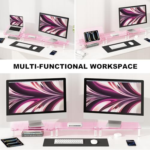 RQUOIRE Ergonomic Pink Acrylic Dual Monitor Stand with Adjustable Laptop Riser, Compatible with Desktop, Printer, TV and More Devices,monitor riser holder suitable for 2 monitors