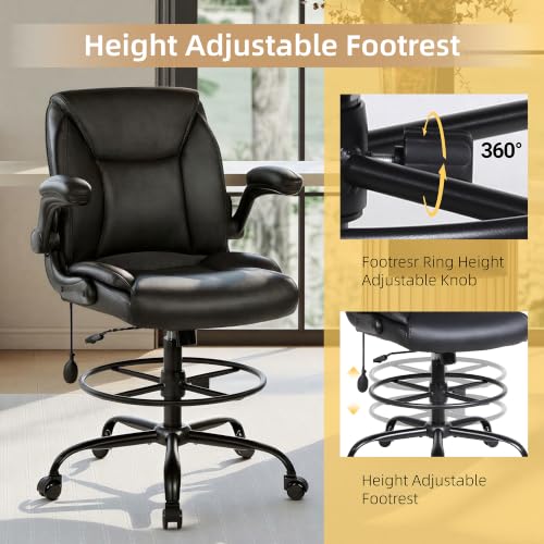 Ermnois PU Leather Drafting Chair with Adjustable Lumbar Support - Black, 1