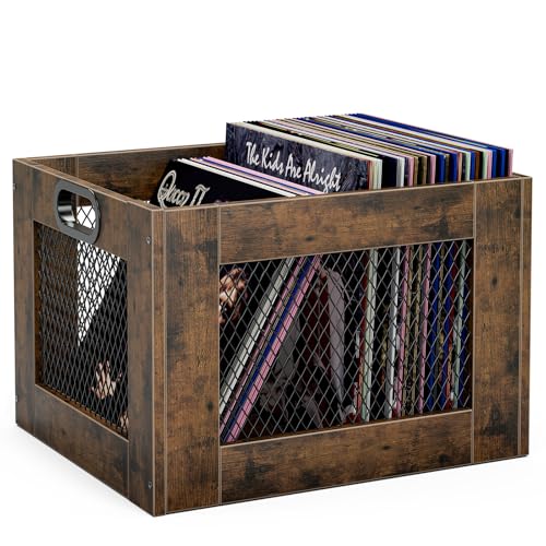 TEMI Vinyl Record Storage Crate ? Large Wooden Record Holder for 70+ Albums ? Industrial-Style Record Organizer and Durable Record Storage Solution for Home or Studio, Easy to Assemble