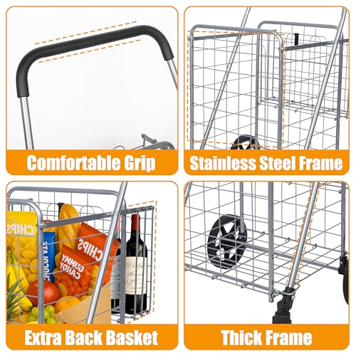 Whitmor Utility Folding Shopping Cart, 115L Heavy Duty Grocery Cart with Double Basket, 360¡Æ Swivel Wheels, Foldable Rolling Utility Trolley, 110 Lbs Capacity for Grocery, Laundry, Travel, Sliver