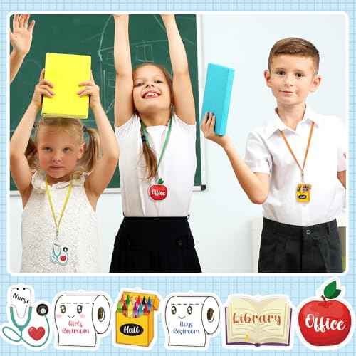 6 Sets Acrylic Back to School Hall Pass Lanyards Unbreakable School Passes Set for Teachers Cute Classroom Passes for Bathroom, Office, Library and Nurse Classroom Supplies(Cute)