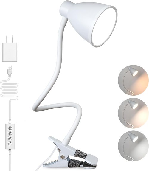 BOHON Clamp Lamp - 5 Color Modes & 10 Brightness Levels - 10W 38 LED Desk Light with Flexible Gooseneck - White