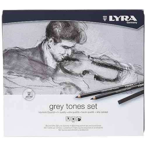 LYRA - Metal Box Grey Shades 9 Assorted Pencils Charcoal Sepia Blood 12 Assorted Painting Crayons and Accessories