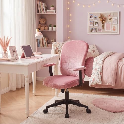 Tigeen Pale Pink Velvet 4-Piece Office Chair Cover Set with Bow Pillow