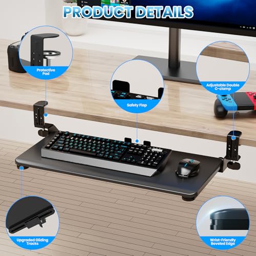 Large Keyboard Tray That Slides Out from Under The Desk, Pull Out with Adjustable C-clamp, 25.6 (31.5 Including Clamps) x 11.8 Inch Computer Keyboard Drawer Mouse Tray for Typing, Black