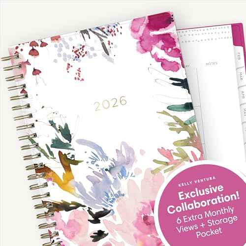 Blue Sky Kelly Ventura 2026 Weekly and Monthly Planner Calendar, January 2026 - December 2026, 5" x 8", Flexible Cover, Laminated Tabs, Durable Twin Wire Binding, Storage Pocket, Magenta Blooms