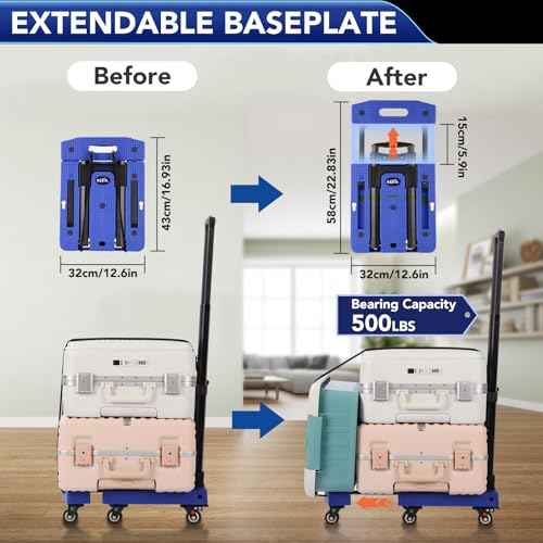 Folding Hand Truck Lightweight Hand Truck Dolly Foldable,Luggage cart with 6 Rotate Wheels, Utility Cart with Adjustable Handle,Collapsible Dolly for Moving-Blue