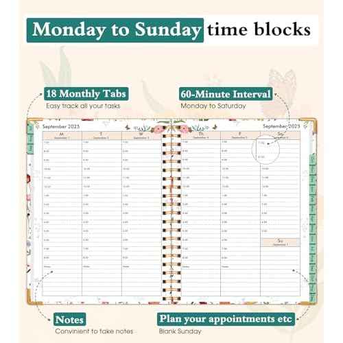 2025-2026 Appointment Book, Hardcover Planner 15 Months Weekly and Monthly (October 2025 - December 2026), 8.5"x11" Daily Hourly Planner 60-Minute time Slots, Spiral Calendar Schedule Book for Work School Teacher Student, Wildflower Garden