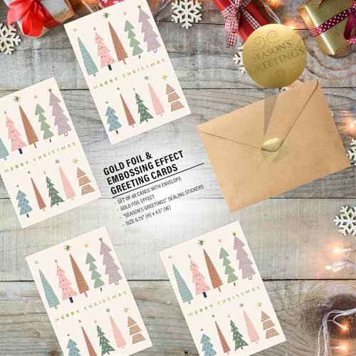 easykart labels 48 Christmas Greeting Cards with Gold Foiling & Embossing with Envelopes, 6.75 x 4.5 Inch Merry Christmas Cards with Seal Stickers For Friends, Family and loved Ones
