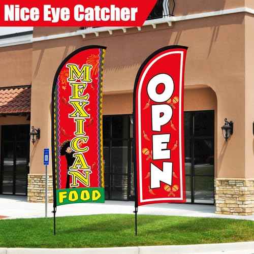 Buryeah 2 Sets Mexican Food and Open Feather Flag 7ft Mexican Food Open Banner Advertising Sign Swooper Flag with Pole Kit Ground Stake Portable Bag for Restaurants, Diners, Markets Business