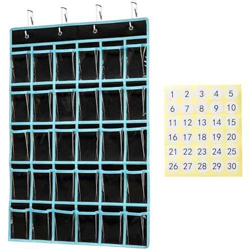 KEEPJOY Classroom Pocket Chart Organizer,Cell Phones Calculator Holder for Classroom Storage, Hanging Wall Door Calculator Phone Caddy for Classroom. (30 Pockets-Black)