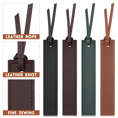 4 Pcs Leather Bookmark, Classic Stitched Bookmark with Leather Rope, Bookmarks for Men, Handmade Stitched Book Marks Page Markers for Book Reader Teachers Students School Office