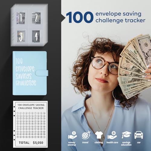 Koboome Blue 100 Envelopes Money Saving Challenge Binder - Fun Budget Planner