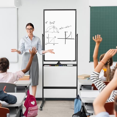 Tankee Black 24"x40" Adjustable Standing Whiteboard on Wheels - Double-Sided Dry Erase Board for Office & Classroom