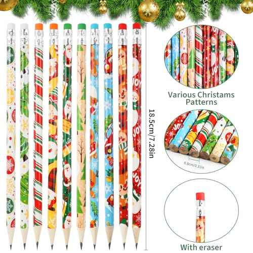 DIYASY 100 Pcs Christmas Pencils for Kids, Holiday Pencils Bulk with Erasers Xmas Wood Pencil Party Favor Supplies Classroom Rewards Prizes Stationery Decorations 10 Styles