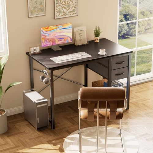 Sweetcrispy Ink 40-Inch Black Computer Desk with Drawers, Office Workspace