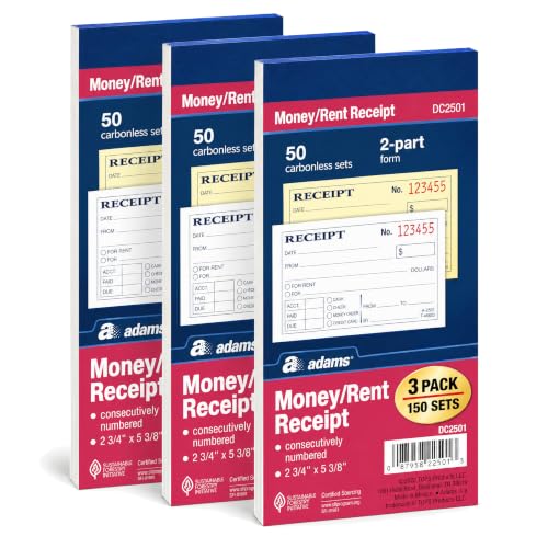 Adams 3-Pack Money & Rent Receipt Books, 2-3/4 x 5-3/8, 2-Part White/Canary, 50 Sets Each