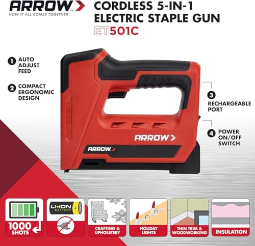 Arrow ET501C Cordless 5-in-1 Staple and Nail Gun – Staple Gun for Upholstery, Framing, Roofing (Variation: Staple and Nail Gun)