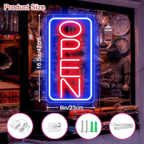 16.5" X 9" Led Neon Open Signs for Business Ultra Bright Plug In Electric Light Up Open Signs with ON/OFF Switch and 12V/2A AC Adapter for Storefront Window Bar Salon Coffee Stores (Vertical)